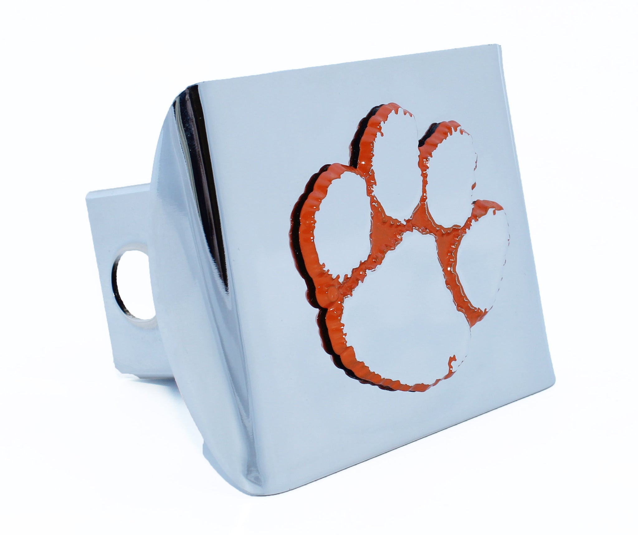 Clemson Paw Orange Trim Chrome Metal Hitch Cover